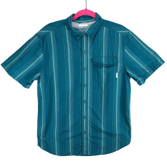 Columbia Fishing Shirt Men's Medium Vented Nylon Short Sleeve Green Striped Logo - Picture 1 of 11
